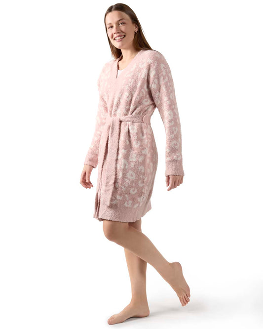 Women's Leopard Print Cozy Knit Short Long-Sleeve Robe
