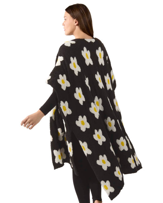 Women's Plush Daisy-Themed Ruana Wearable Throw with Kimono Sleeves