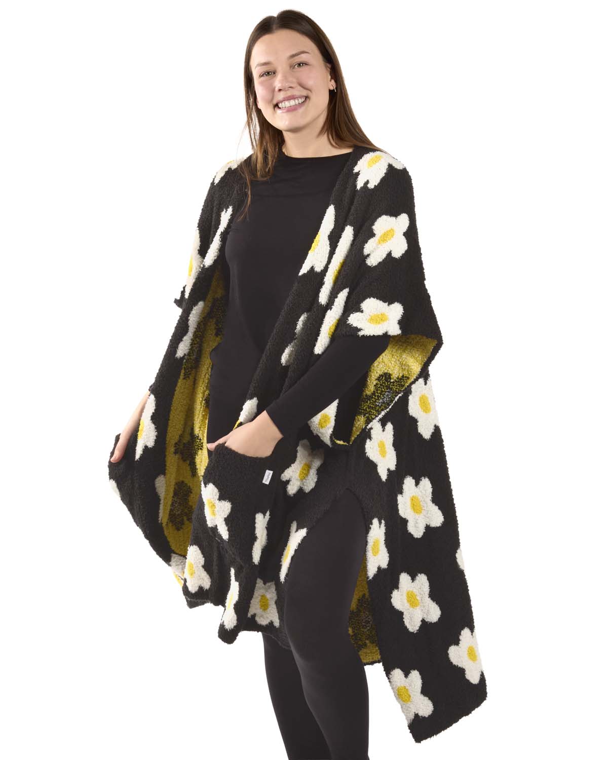 Women's Plush Daisy-Themed Ruana Wearable Throw with Kimono Sleeves