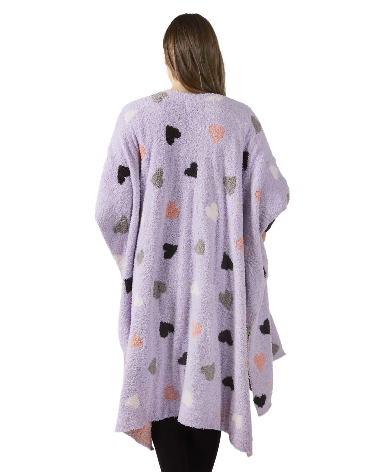 Women's Plush Heart-Themed Ruana Wearable Throw with Kimono Sleeves