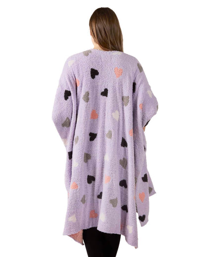 Women's Plush Heart-Themed Ruana Wearable Throw with Kimono Sleeves