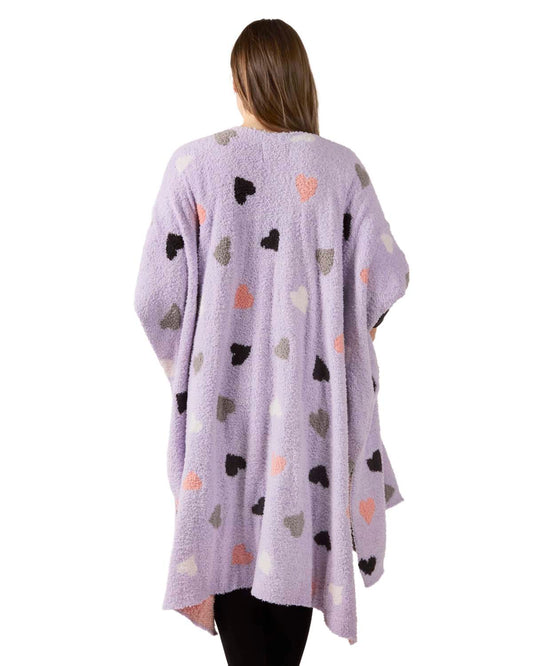 Women's Plush Heart-Themed Ruana Wearable Throw with Kimono Sleeves