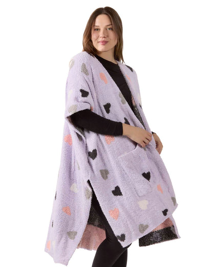Women's Plush Heart-Themed Ruana Wearable Throw with Kimono Sleeves