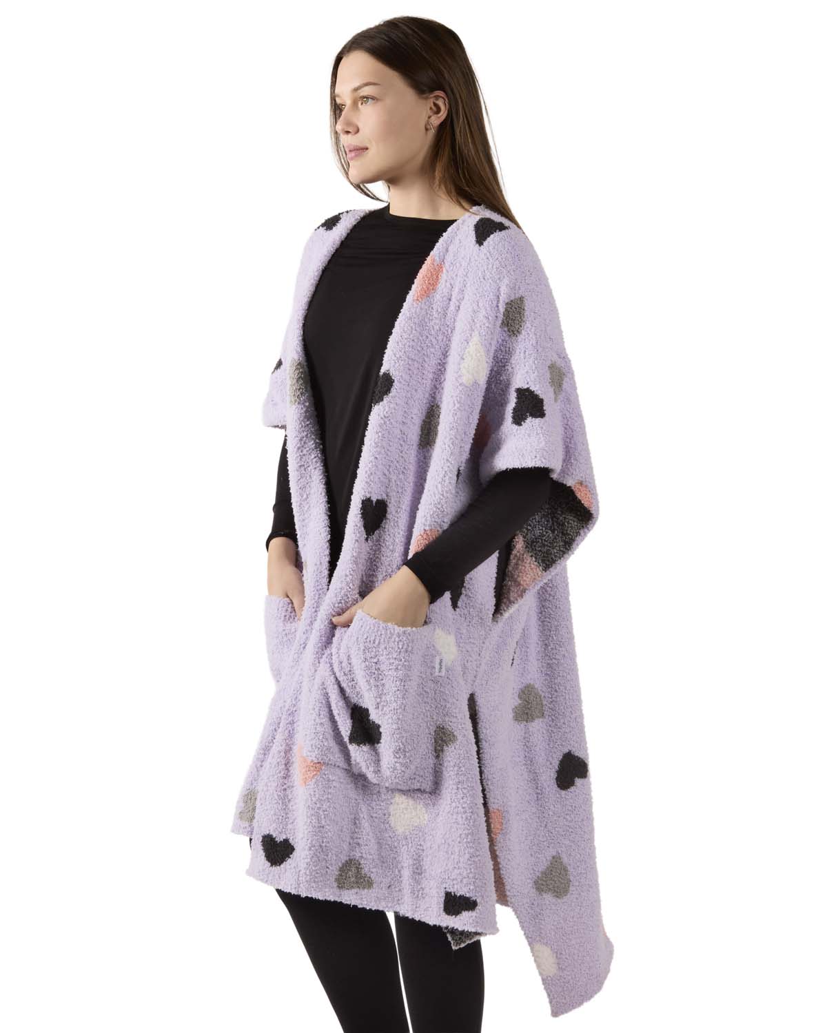 Women's Plush Heart-Themed Ruana Wearable Throw with Kimono Sleeves