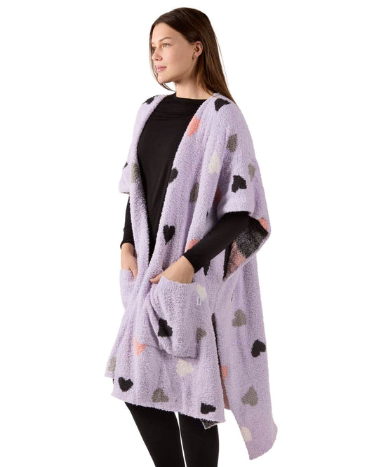 Women's Plush Heart-Themed Ruana Wearable Throw with Kimono Sleeves