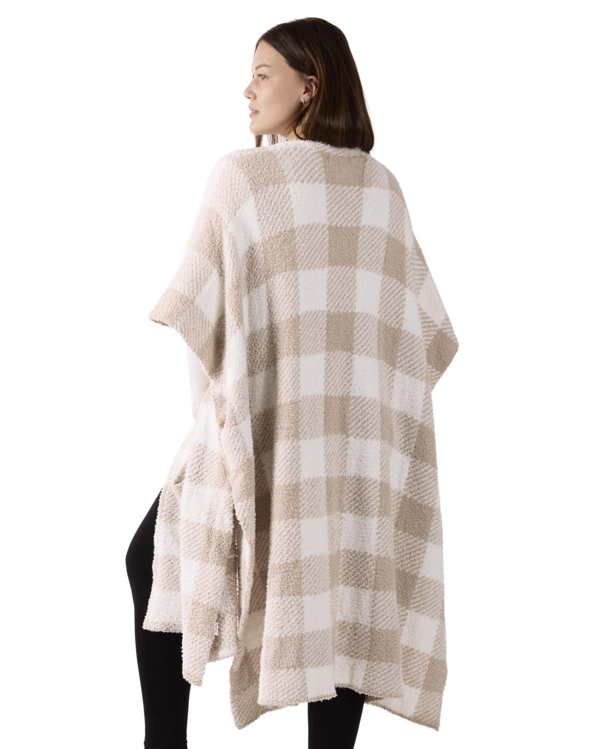 Women's Plush Plaid Ruana Wearable Throw with Kimono Sleeves
