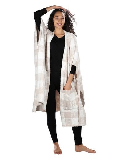 Women's Plaid Cozy Knit Wearable Throw Robe : Color: Almond
