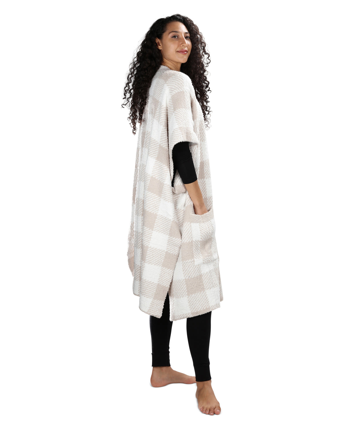 Women's Plaid Cozy Knit Wearable Throw Robe : Color: Almond