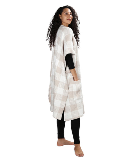 Women's Plaid Cozy Knit Wearable Throw Robe : Color: Almond