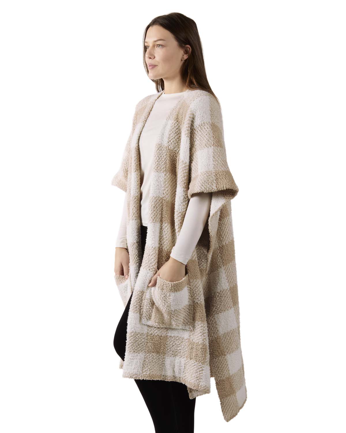 Women's Plush Plaid Ruana Wearable Throw with Kimono Sleeves