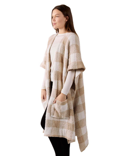 Women's Plush Plaid Ruana Wearable Throw with Kimono Sleeves