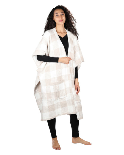 Women's Plaid Cozy Knit Wearable Throw Robe : Color: Almond