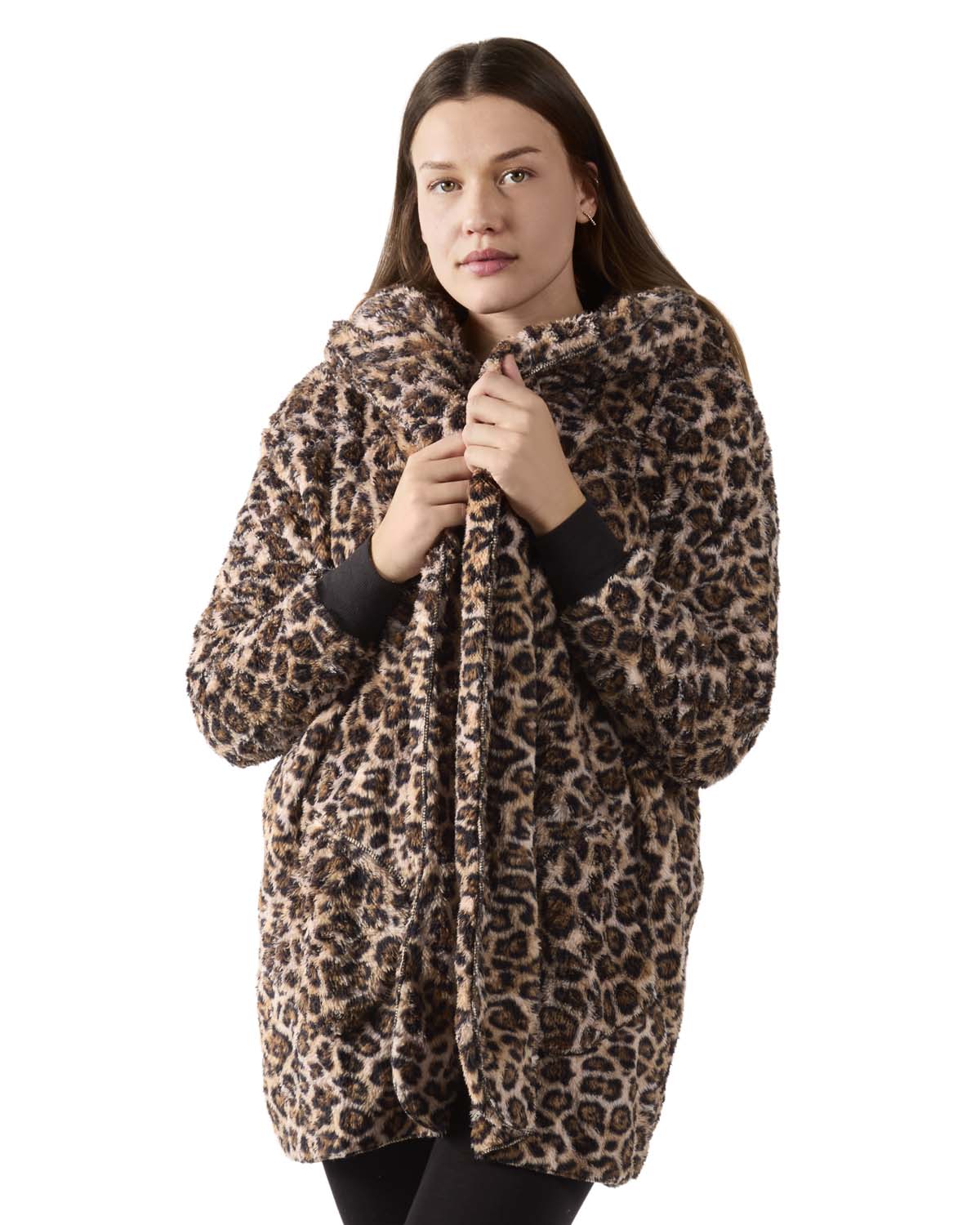 Women's Leopard Plush Hooded Cardigan