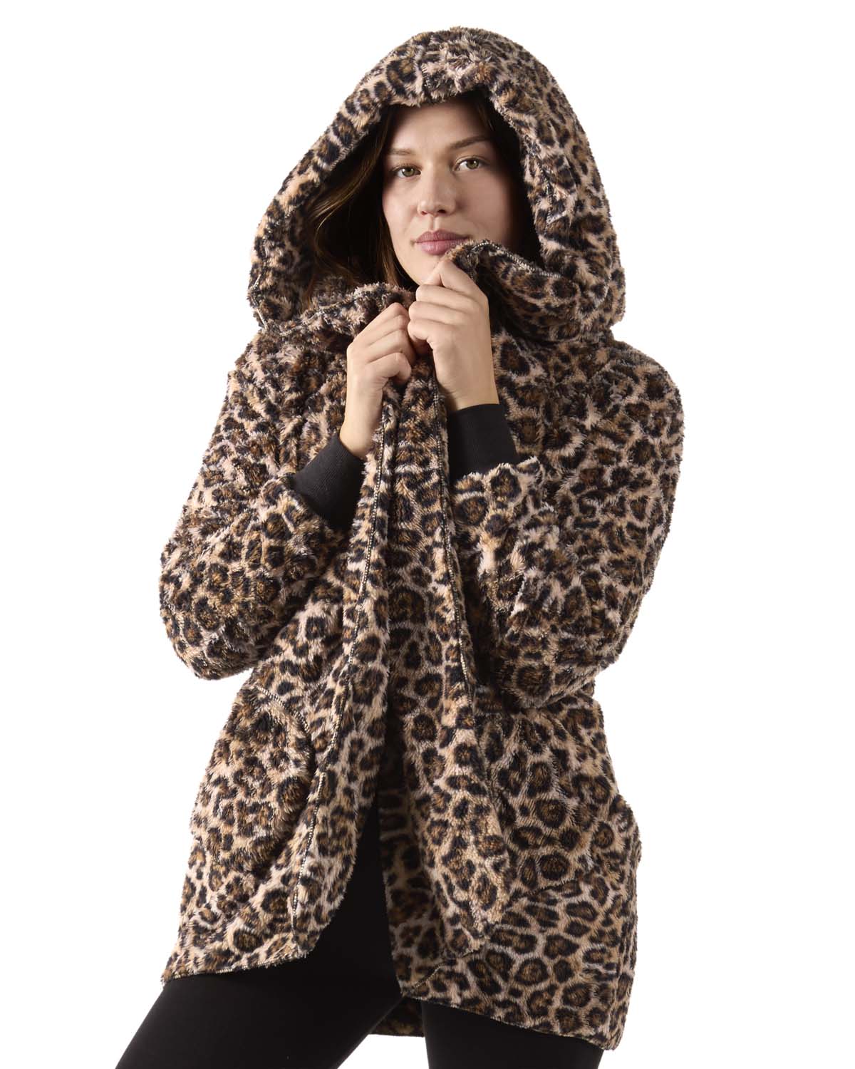 Women's Leopard Plush Hooded Cardigan