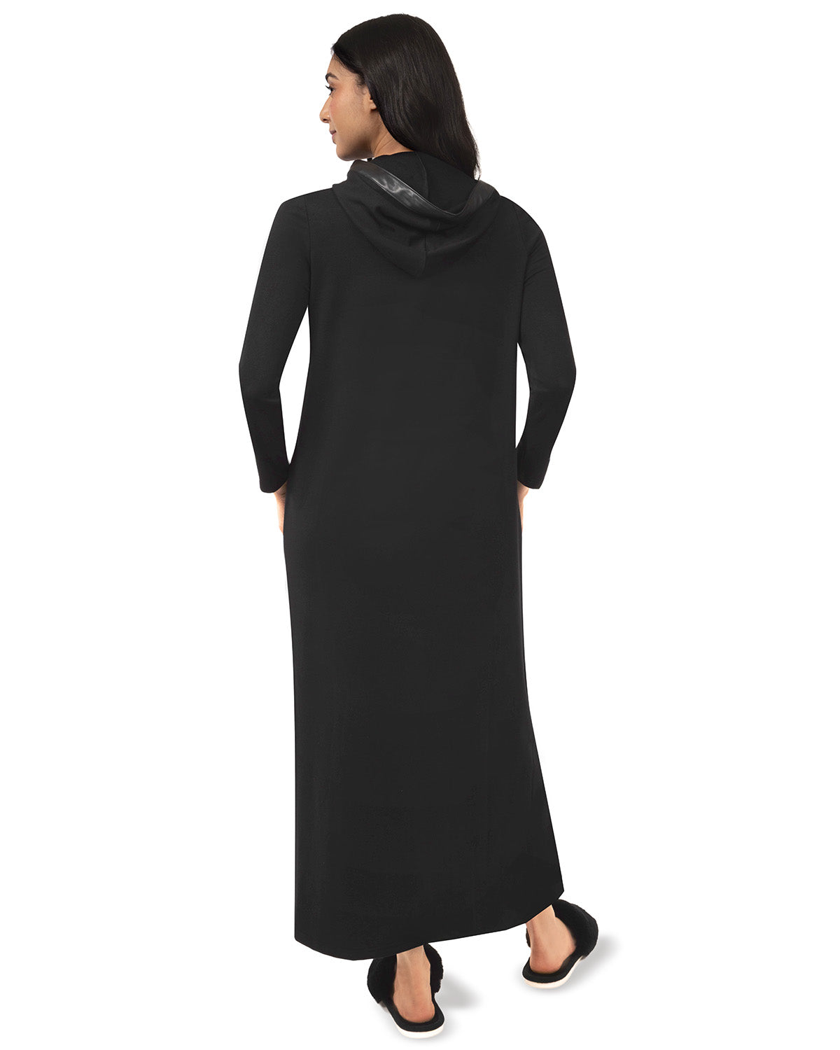 Women's Full Zip Hooded Robe with Vegan Leather Trim