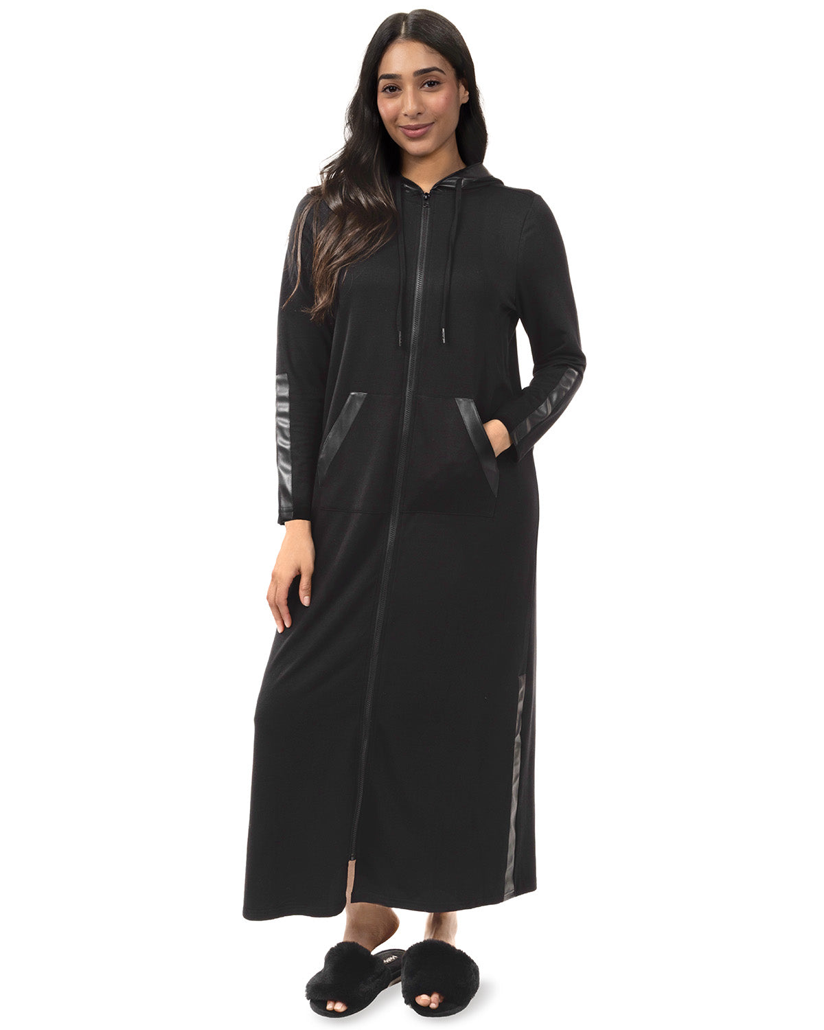Women's Full Zip Hooded Robe with Vegan Leather Trim