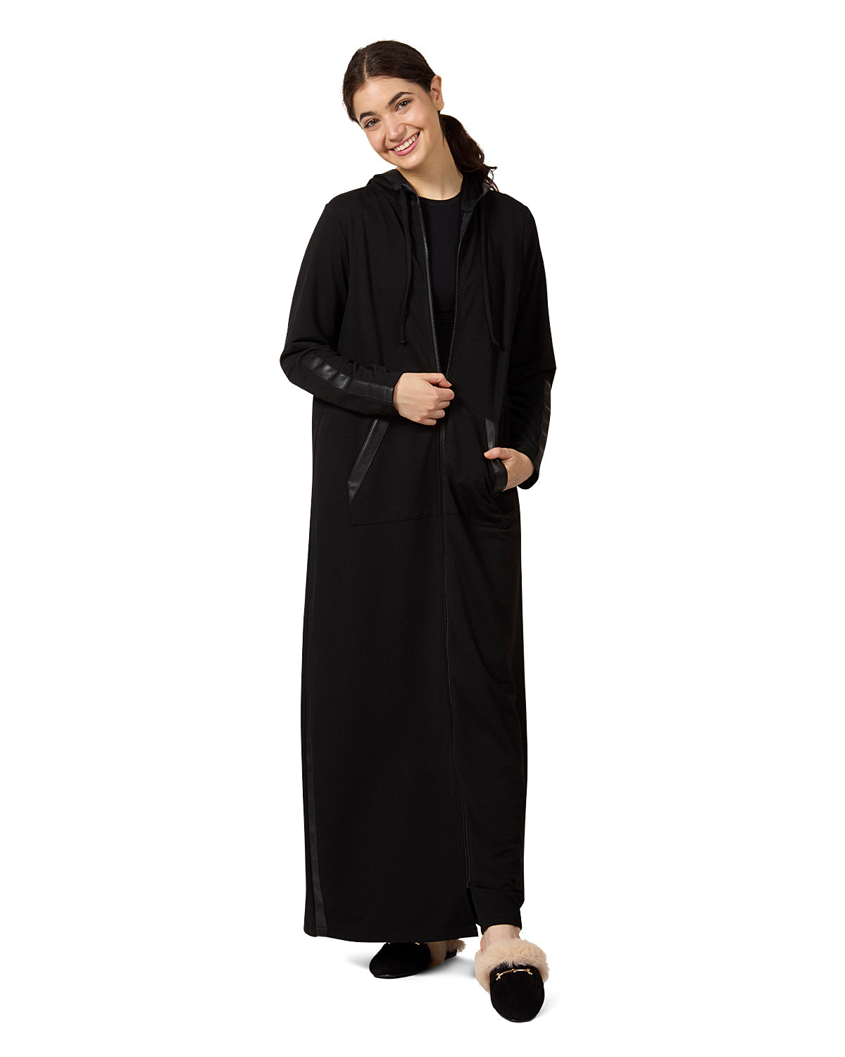 Women's Full Zip Hooded Robe with Vegan Leather Trim – MeMoi