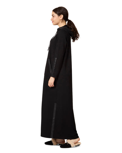 Women's Full Zip Hooded Robe with Vegan Leather Trim