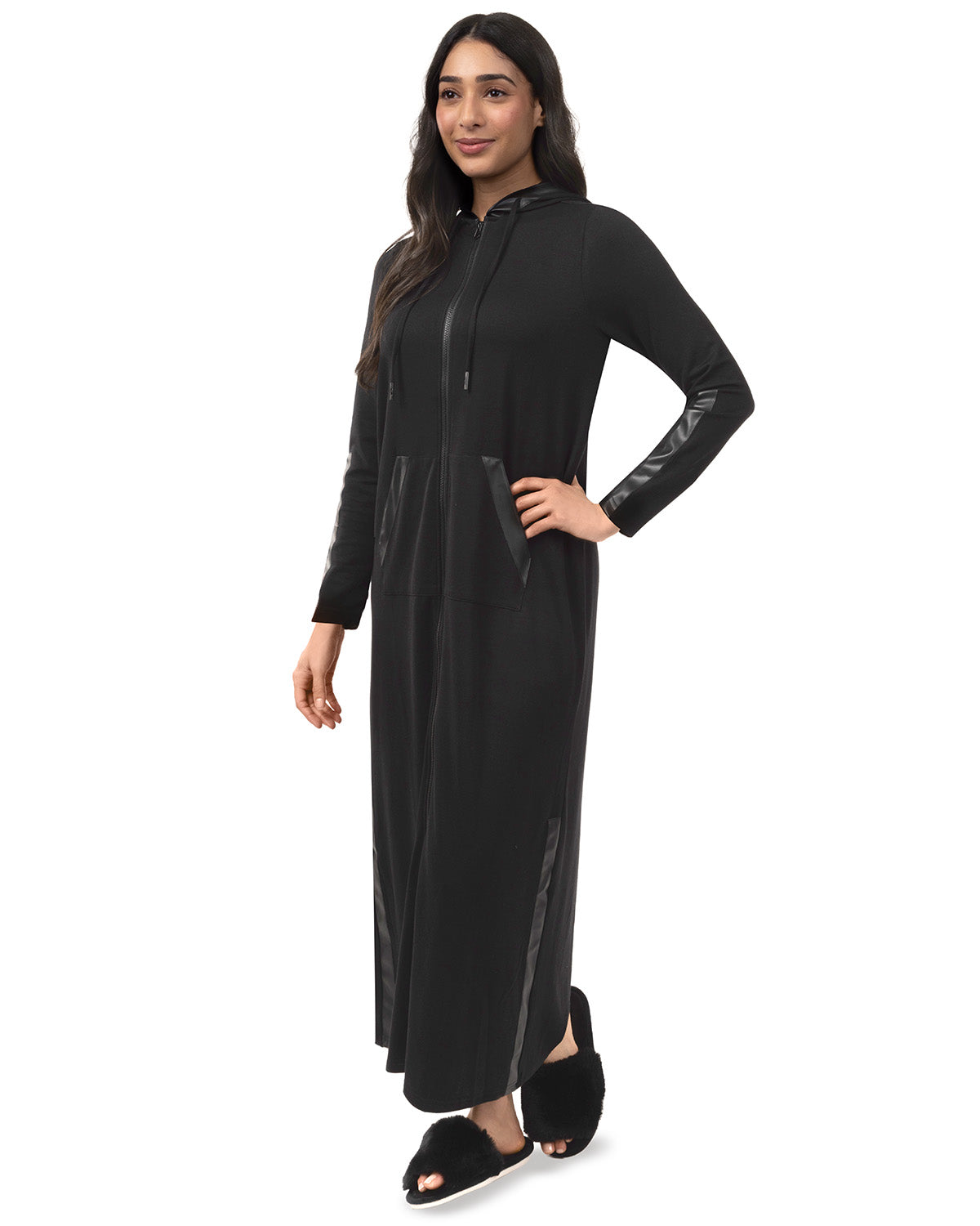 Women's Full Zip Hooded Robe with Vegan Leather Trim
