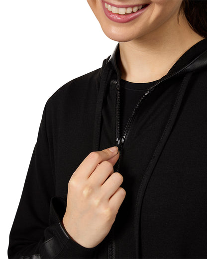 Women's Full Zip Hooded Robe with Vegan Leather Trim