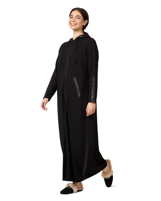 Women's Full Zip Hooded Robe with Vegan Leather Trim