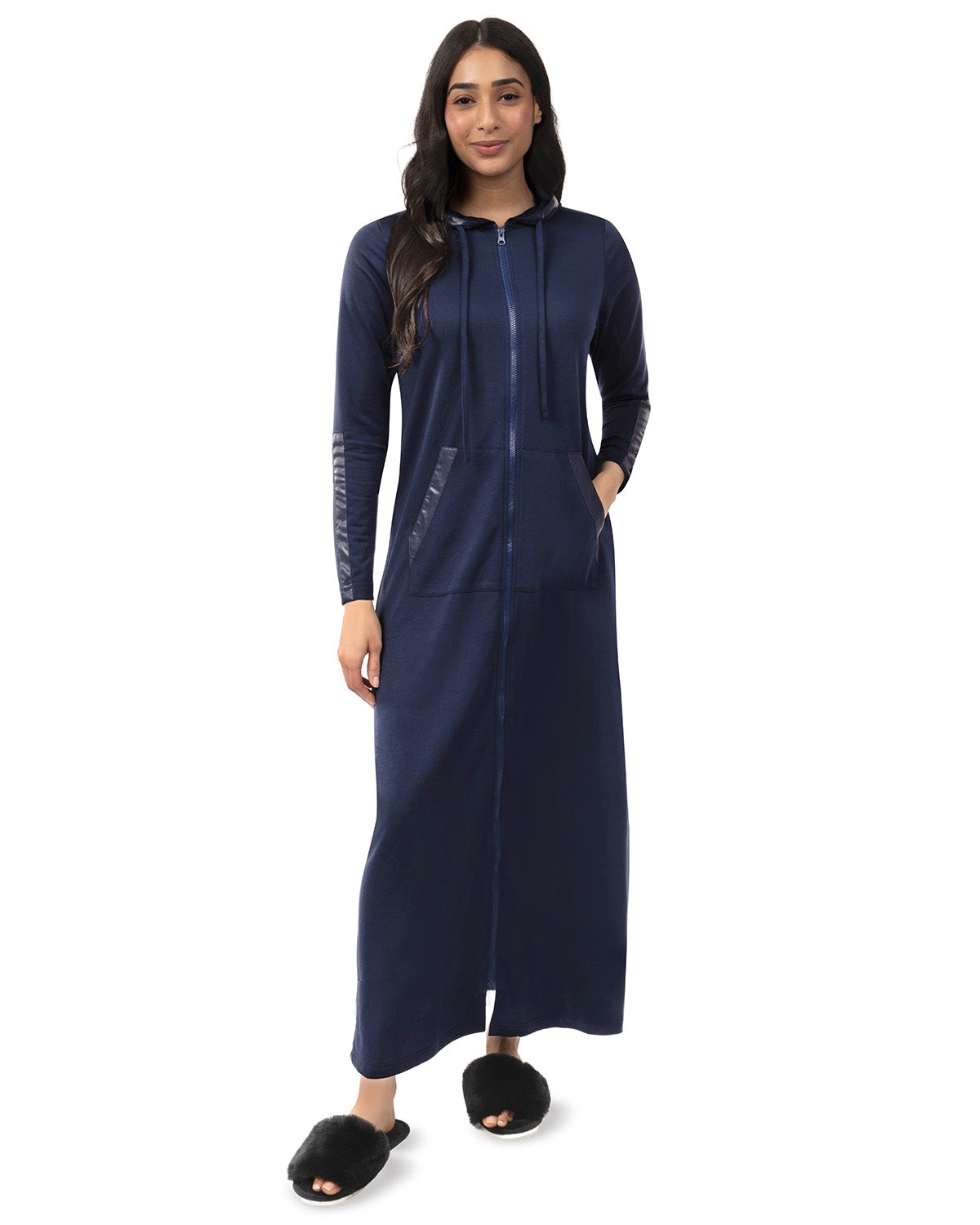 Women's Full Zip Hooded Robe with Vegan Leather Trim