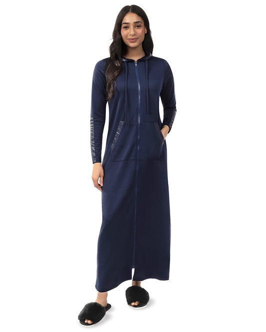 Women's Full Zip Hooded Robe with Vegan Leather Trim