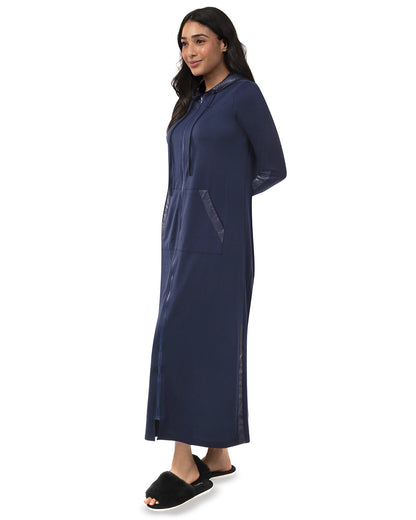 Women's Full Zip Hooded Robe with Vegan Leather Trim