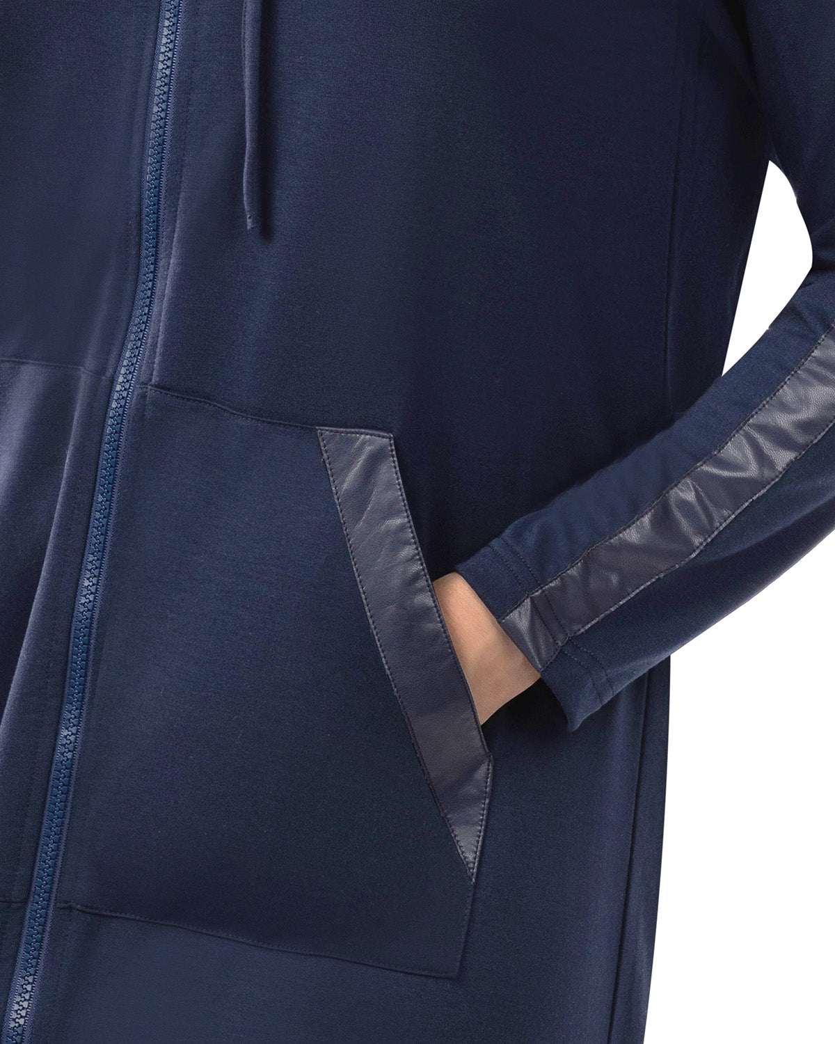 Women's Full Zip Hooded Robe with Vegan Leather Trim