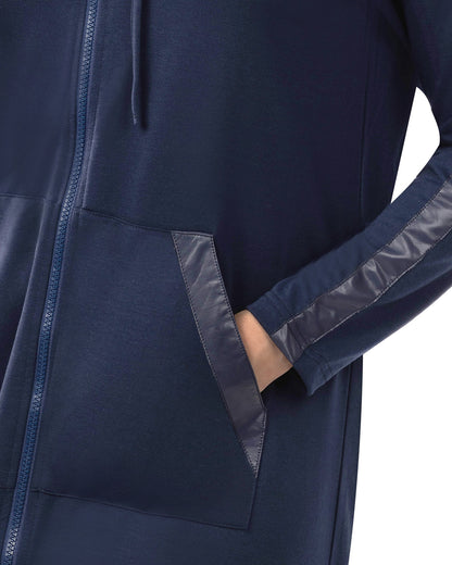 Women's Full Zip Hooded Robe with Vegan Leather Trim