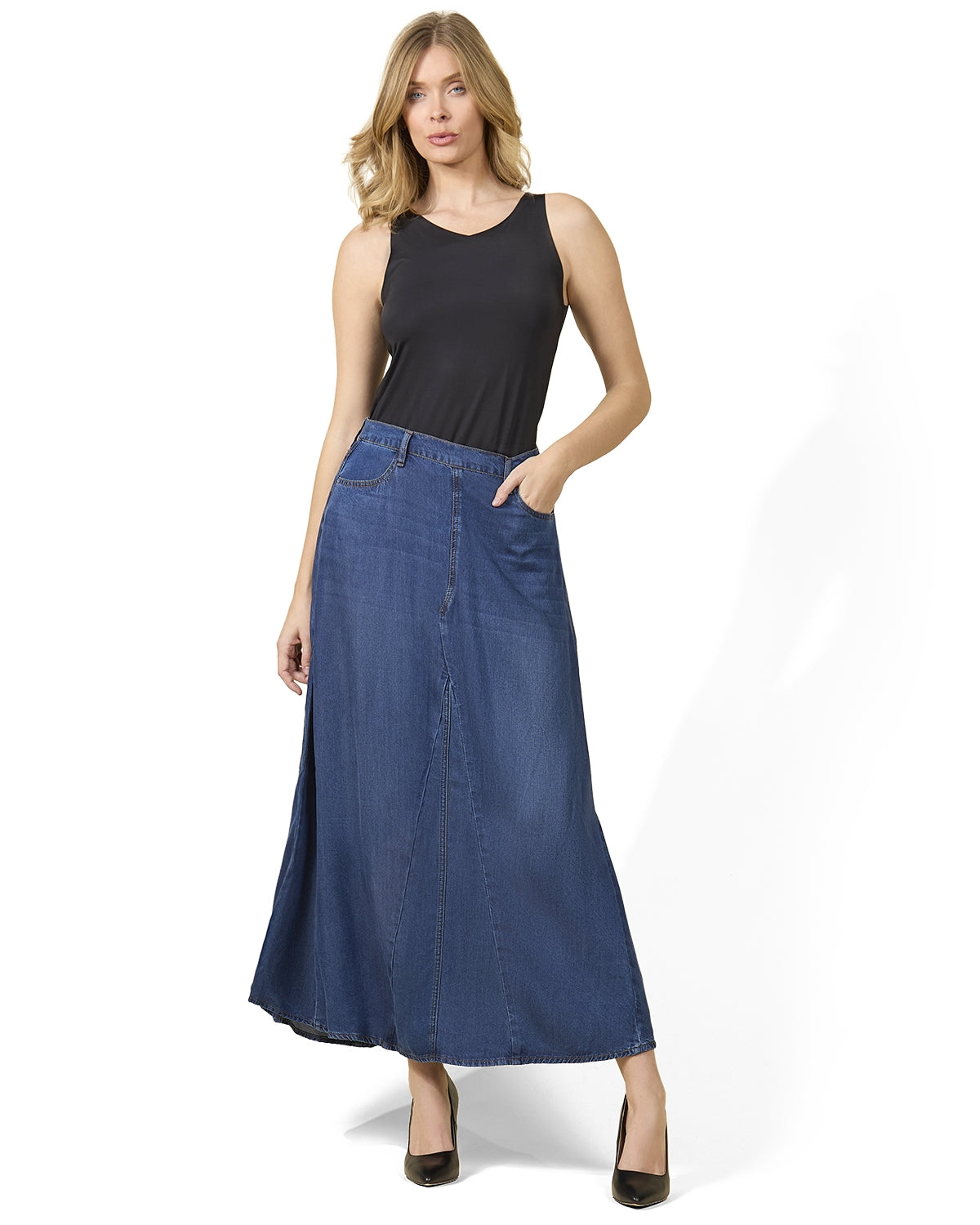 Women's Flared 4-Panel Lyocell Denim Maxi Skirt : Color: Dark Wash