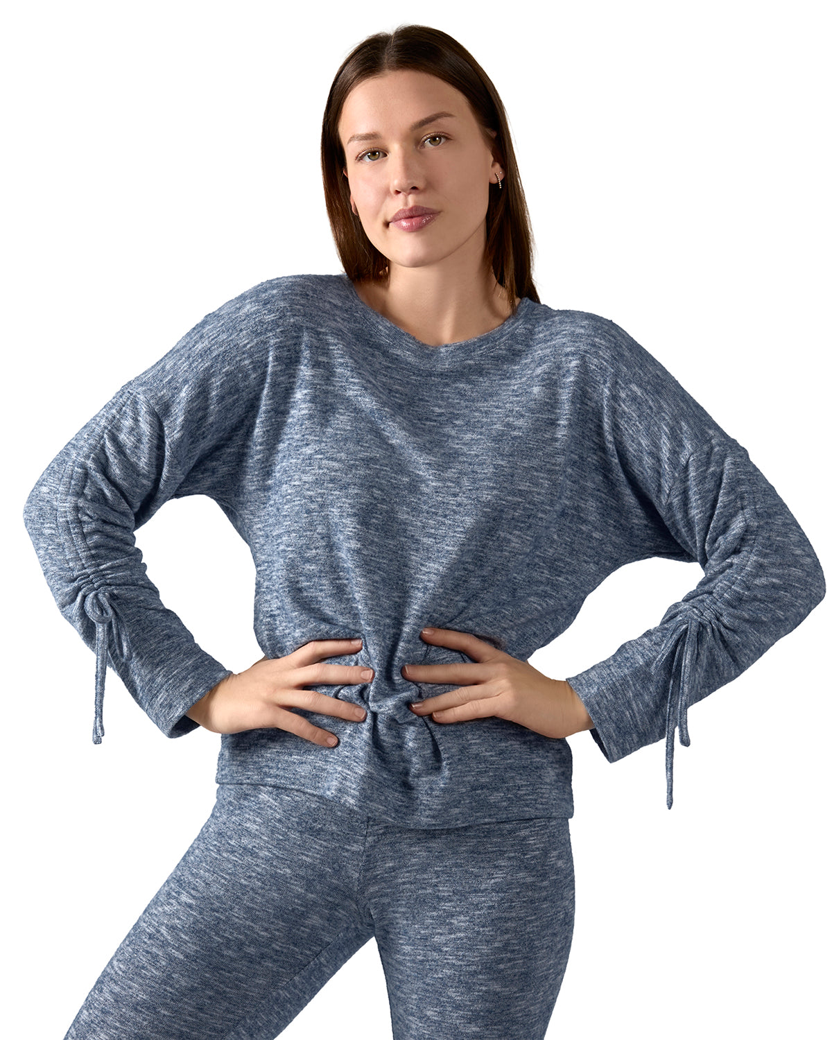 Women's Lounge Pull-Over Top with Ruched Tied Sleeves