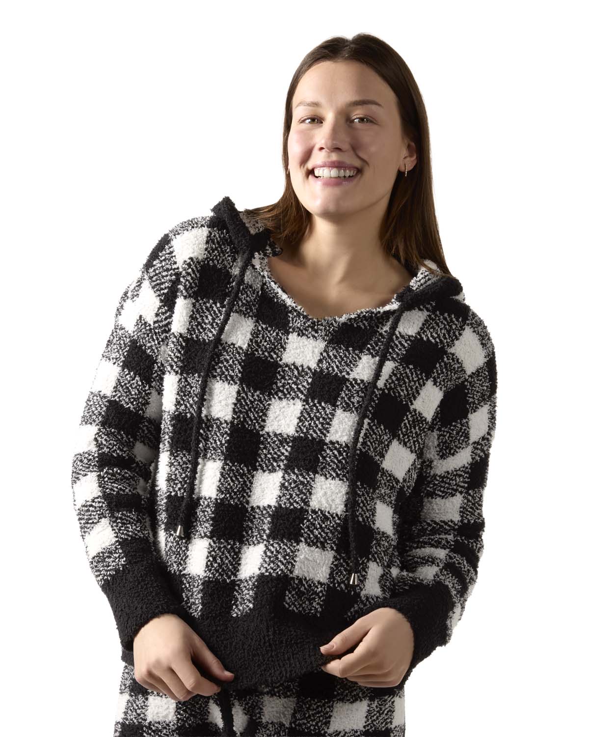 Women's Buffalo Check Cozy Knit Drawstring Hoodie