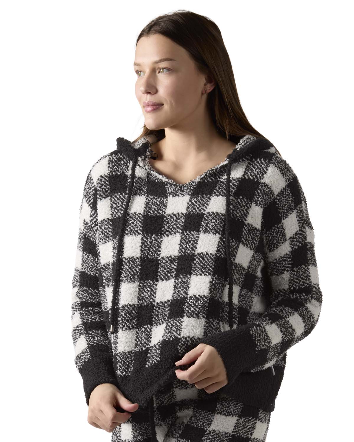 Women's Buffalo Check Cozy Knit Drawstring Hoodie