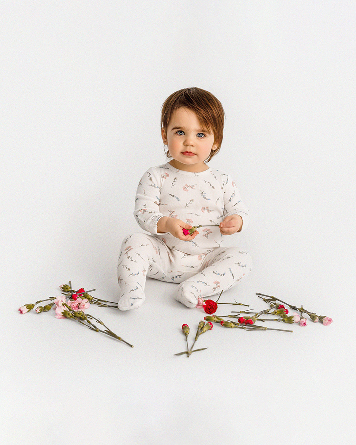 Baby and Toddler Girls Mini-Ribbed 100% Cotton Floral Footie with Foldover Hand Covers : Color: Winter White