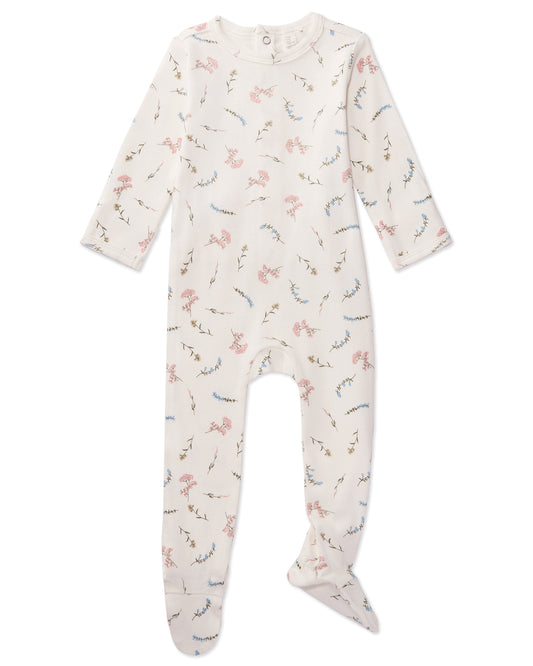 Baby and Toddler Girls Mini-Ribbed 100% Cotton Floral Footie with Foldover Hand Covers : Color: Winter White