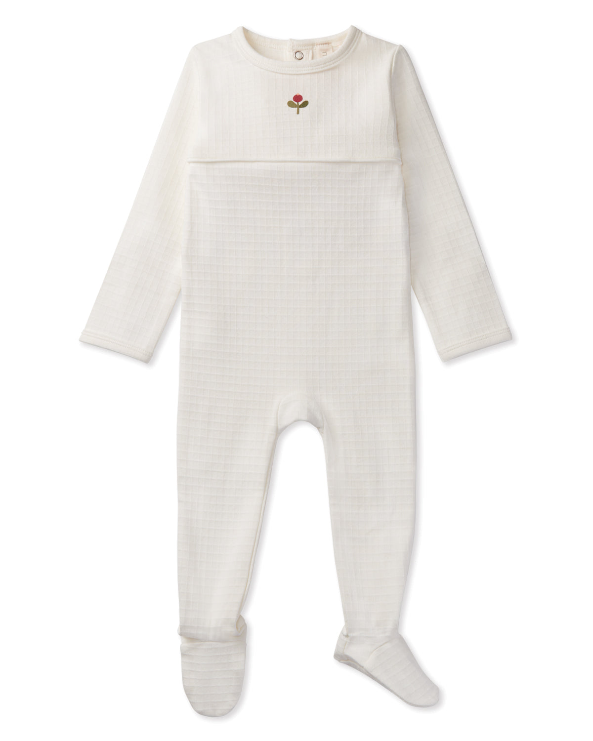 Waffle Footie with Embroidered Flower Bud : Color: Winter White