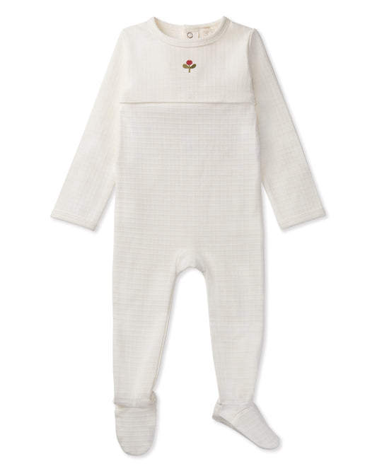 Waffle Footie with Embroidered Flower Bud : Color: Winter White