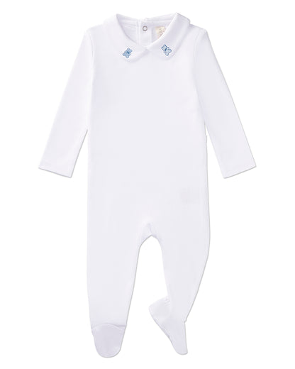 Baby and Toddler 100% Pima Cotton Peter Pan Collar Footie with Teddy Bear Embroidery : Color: Winter White