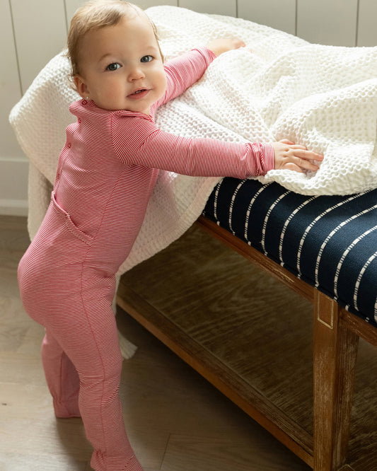 Baby and Toddler "Generation MiniMoi" Stretchy Mini-Striped Cotton-Rich Footie : Color: Red