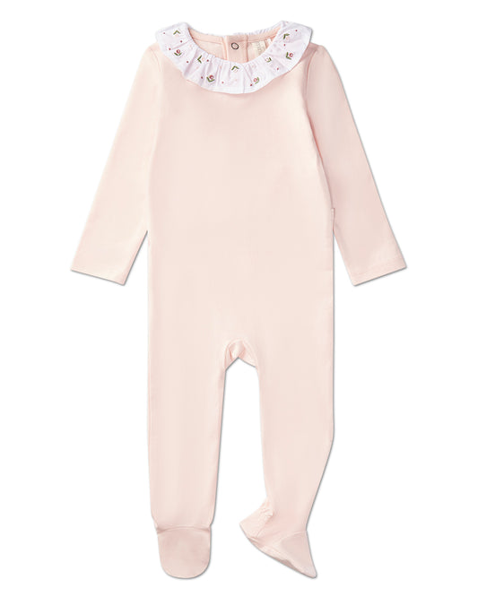 Baby and Toddler Girls Embroidered Flower Ruffle-Collar Cotton Rich Footie : Color: Soft Pink