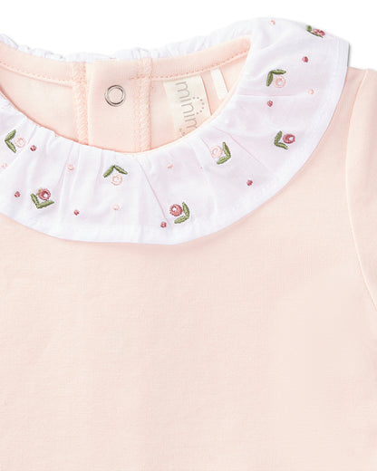 Baby and Toddler Girls Embroidered Flower Ruffle-Collar Cotton Rich Footie : Color: Soft Pink