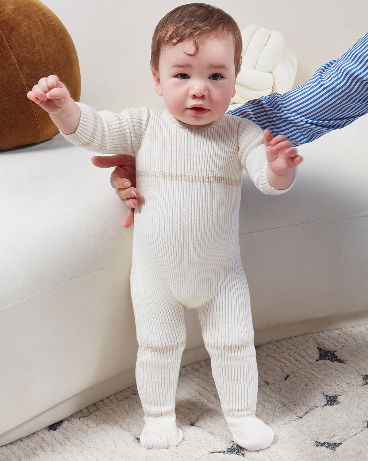 Baby Gold Lurex Trimmed Ribbed Cotton Footie : Color: Winter White