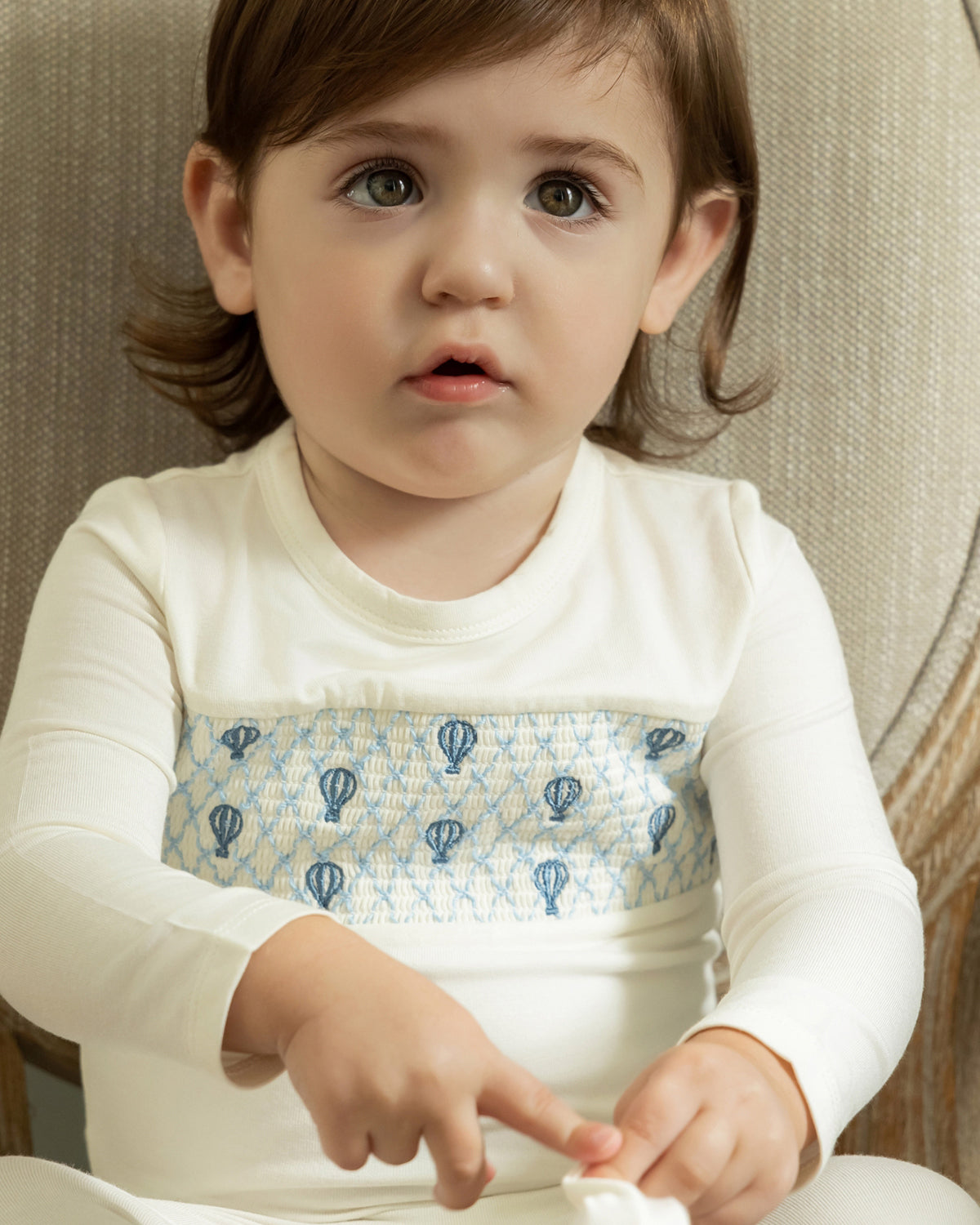 Baby and Toddler Boys "Hot Air Balloon" Smocked Rayon Blend Footie : Color: Winter White