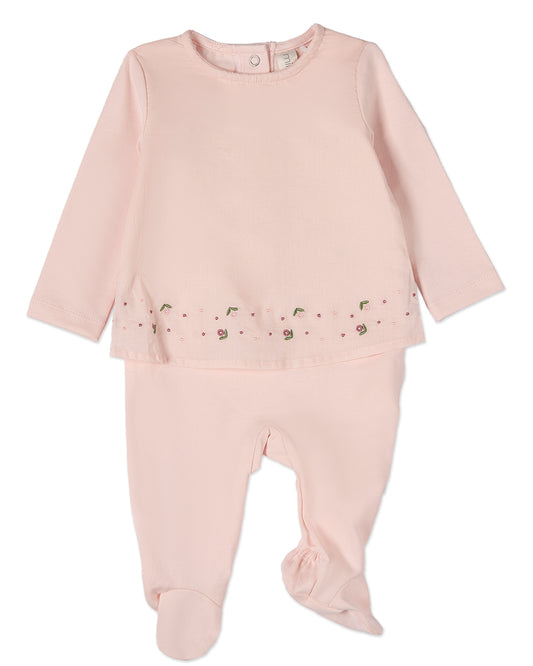 Baby Girls Flouncy Floral Overlay Embroidered Cotton Rich Footie : Color: Barely Pink