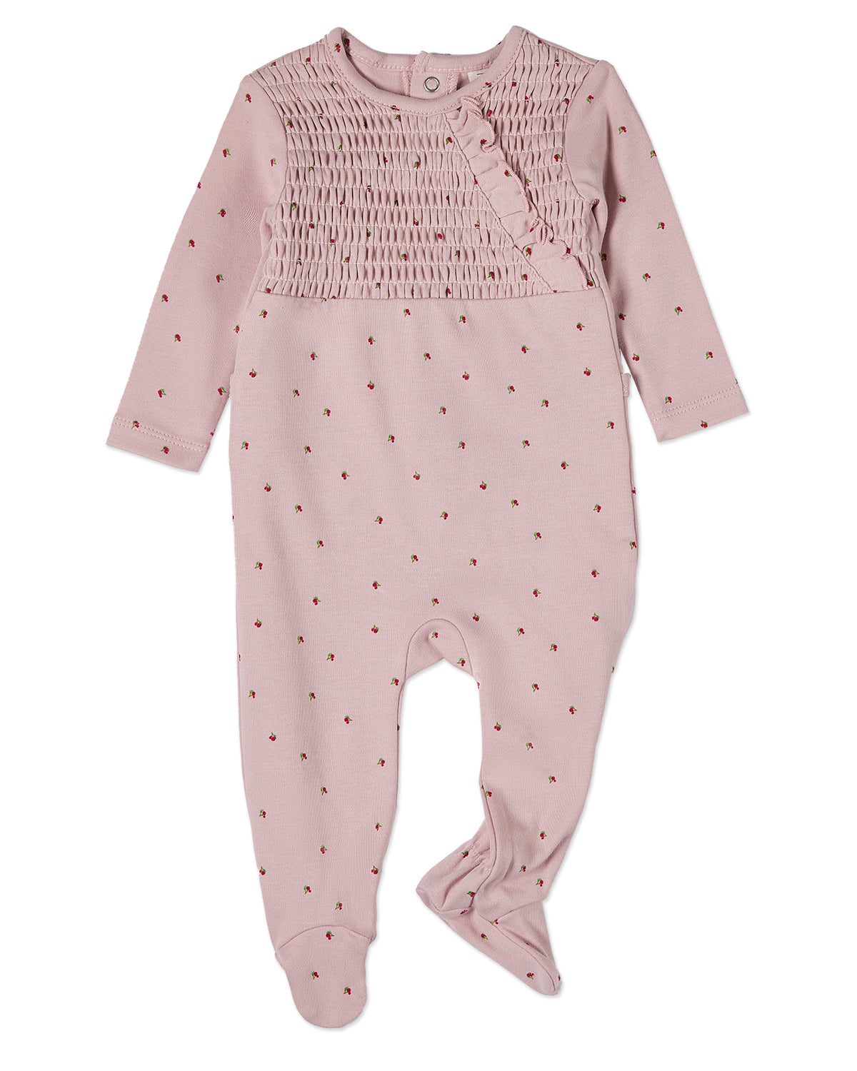 Baby and Toddler Girls "Sweet Cherry" 100% Cotton Ruffled Smocked Footie : Color: Blush Pink
