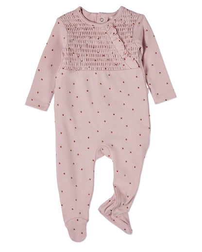 Baby and Toddler Girls "Sweet Cherry" 100% Cotton Ruffled Smocked Footie : Color: Blush Pink