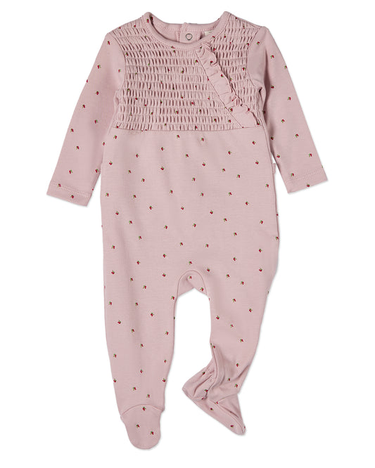 Baby and Toddler Girls "Sweet Cherry" 100% Cotton Ruffled Smocked Footie : Color: Blush Pink