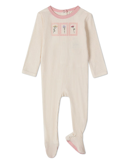 Baby Girls "Framed Florals" Ribbed Cotton-Blend Embroidered Footie