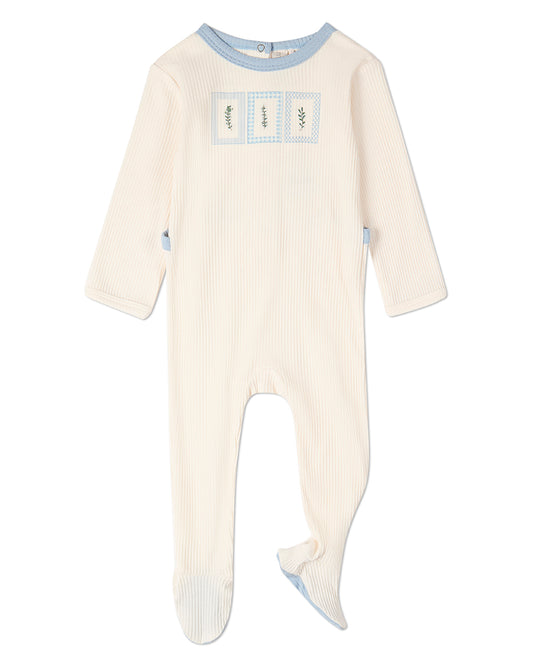 Baby Boys "Framed Foliage" Ribbed Cotton-Blend Embroidered Footie